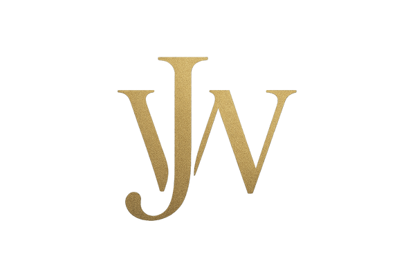 An interlocking pattern of two simplified initials (e.g., 'J' and 'W') forming a clean monogram, luxury feel, metallic gold on a black background, 32\times32 icon.